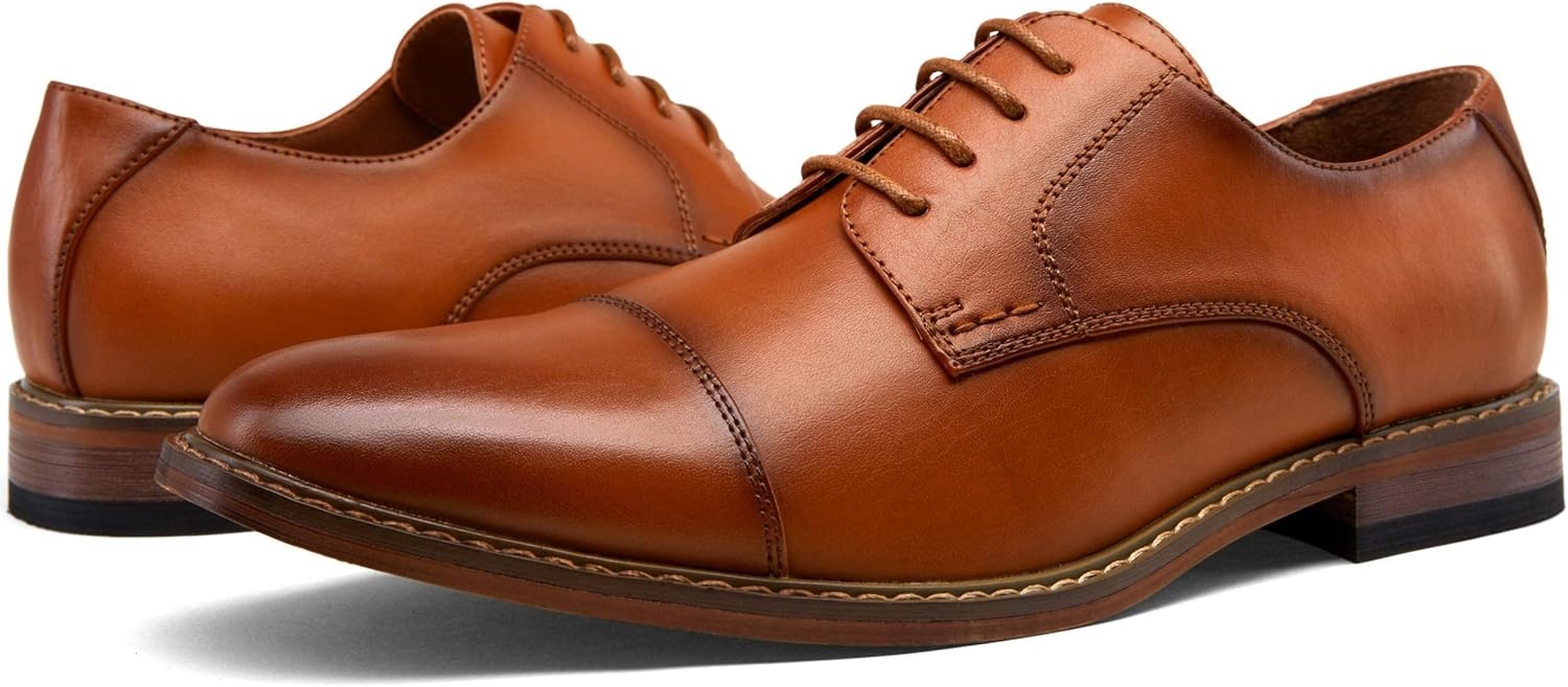 image:imageVostey Mens Dress Shoes Classic Formal Business Cap Toe Wingtip Oxfords Lace Up Derby ShoesClassic Cap Toe Polished Brown