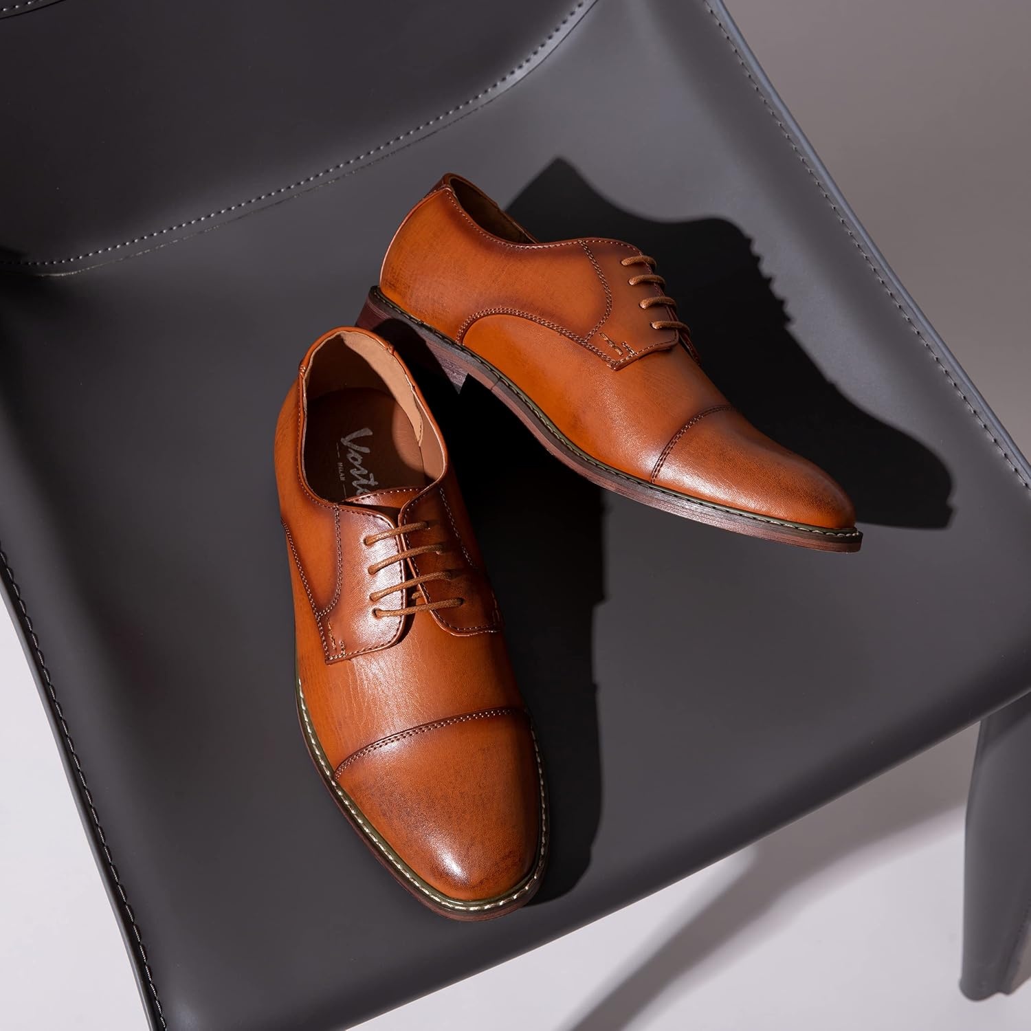 image:imageVostey Mens Dress Shoes Classic Formal Business Cap Toe Wingtip Oxfords Lace Up Derby ShoesClassic Cap Toe Polished Brown