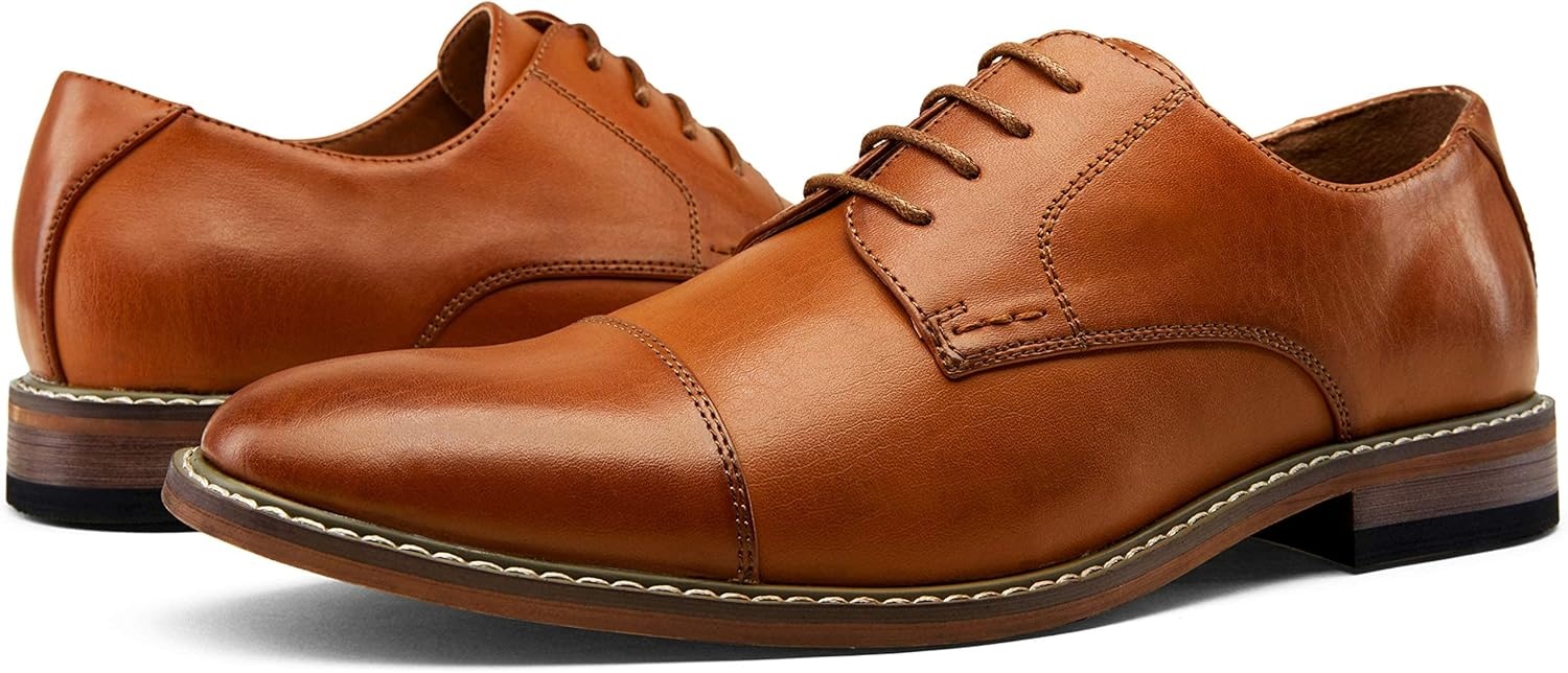 image:imageVostey Mens Dress Shoes Classic Formal Business Cap Toe Wingtip Oxfords Lace Up Derby ShoesClassic Cap Toe Yellow Brown