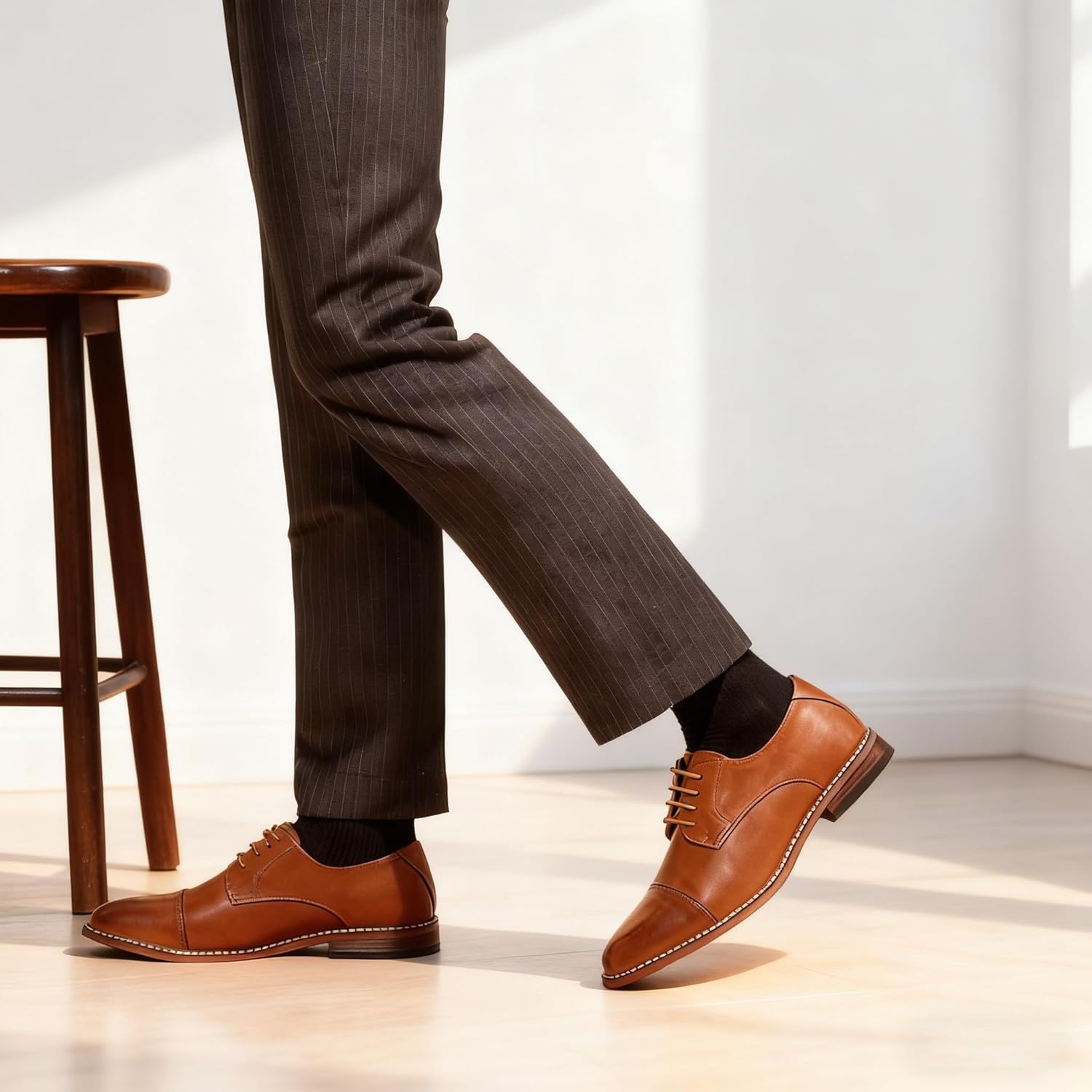 image:imageVostey Mens Dress Shoes Classic Formal Business Cap Toe Wingtip Oxfords Lace Up Derby ShoesClassic Cap Toe Yellow Brown